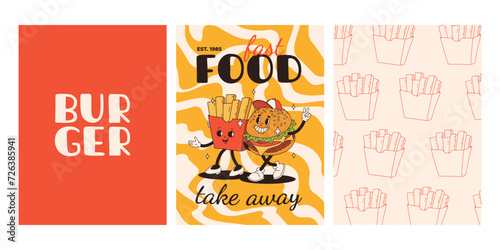 Set of fast food posters. Retro groovy cards with street food characters. Brochure with funky groovy burger, french fries, soda, ice cream, donut, pie, coffee to go, sandwich. Fast food delivery