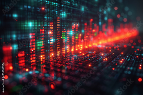 dynamic and vibrant visualization of digital data flow with glowing red and blue lights representing high-speed information transfer