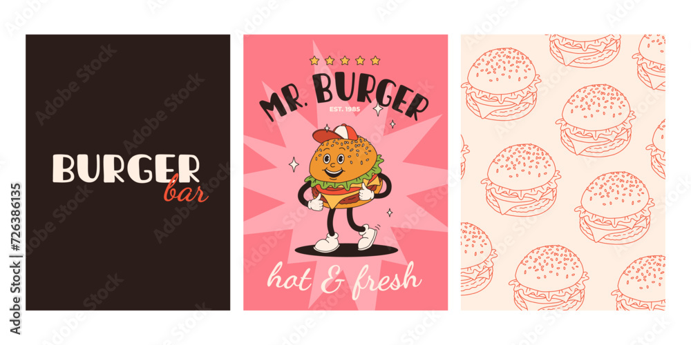 Set of fast food posters. Retro groovy cards with street food characters. Brochure with funky groovy burger, french fries, soda, ice cream, donut, pie, coffee to go, sandwich. Fast food delivery