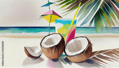 Tropical coconut drinks on the beach  bright  white sand  minimalistic