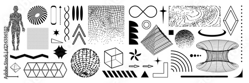 Set of geometric retro shape. Y2k retro-futuristic aesthetic. Bitmap and wireframe elements for banners, social media, poster and flyer design, packaging. Vector like a png.