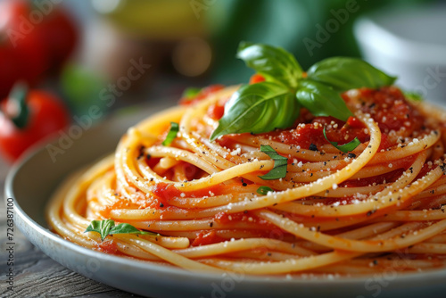 Freshly cooked spaghetti Pomodoro  topped with vibrant basil and sprinkled with grated cheese  offers a classic Italian dining experience