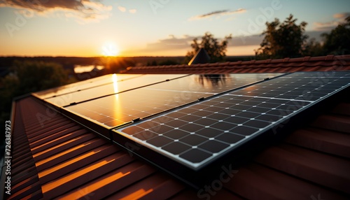 solar panels on the roof of the house. Solar panels in support of green energy. Solar power for communities. Photovoltaic panels being charged by the sun photo