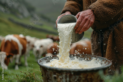 person pours fresh milk from a metal pail against a backdrop of grazing cows in a lush green countryside
