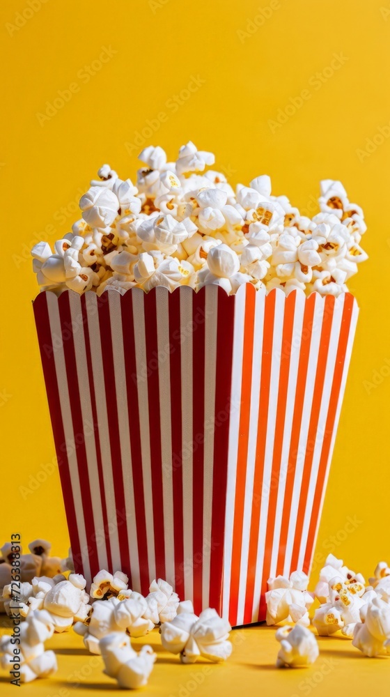 Bright popcorn box against a yellow background, a cheerful invitation to movie night festivities Bright popcorn box against a yellow background, a cheerful invitation to movie night festivities