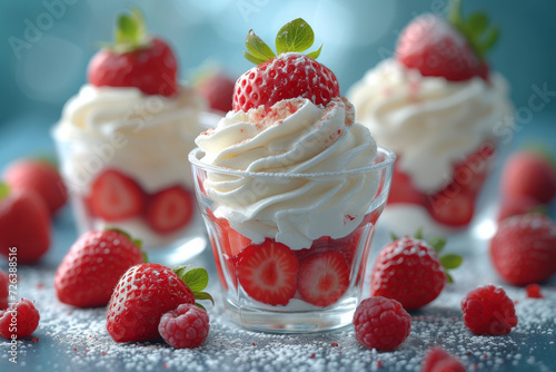delicate dessert featuring strawberries and whipped cream layered in a glass, adorned with a dusting of powdered sugar photo