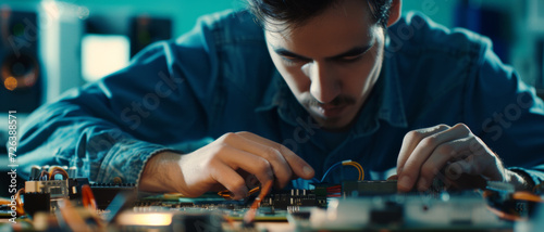 An engineer immersed in electronic repairs, a focus on intricate technology