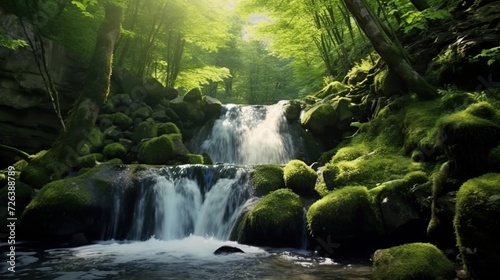 View of waterfall in deep forest. waterfall view in nature. Waterfall landscape in forest. waterfall view in spring. Nature landscape in forest. sun rays falling into the forest © AdobCho