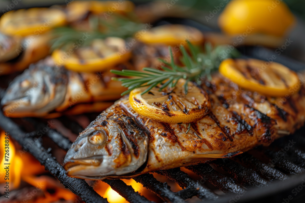 Fresh fish grilling on a barbecue, seasoned with herbs and slices of lemon, embodying the essence of summer cooking Fresh fish grilling on a barbecue, seasoned with herbs and slices of lemon, embodying the essence of summer cooking