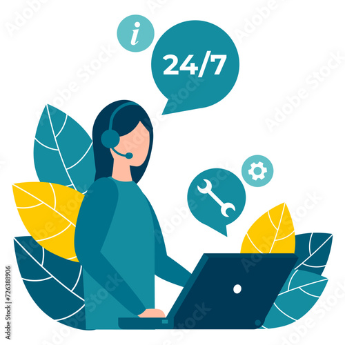 Customer service, hotline operators advise customers. 24 7 global online technical support, call center, call processing system. Vector isolated EPS 10 .