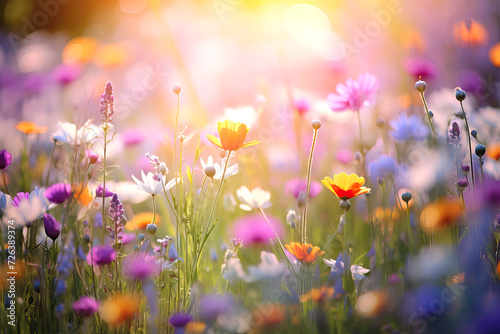 A field of blooming multicolored wildflowers. Floral background
