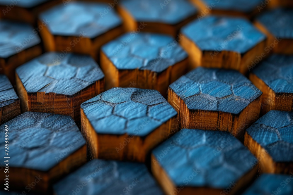 Fototapeta premium Close-up of an artistic arrangement of hexagonal wooden blocks with textured blue paint, creating a visually intriguing pattern