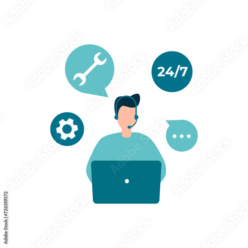 Customer service, hotline operators advise customers. 24 7 global online technical support, call center, call processing system. Vector isolated EPS 10 .