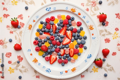 a plate of colorful mixed berries - strawberries, raspberries, blueberries