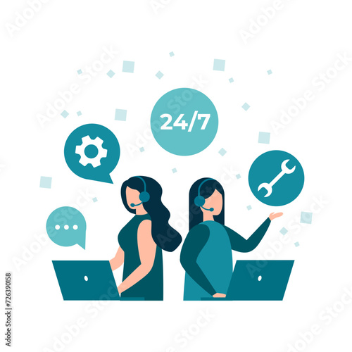 Customer service, hotline operators advise customers. 24 7 global online technical support, call center, call processing system. Vector isolated EPS 10 .