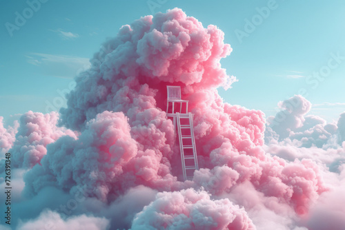 dreamy and surreal pink cloudscape with a white ladder leading to a solitary chair, evoking a sense of calm and imagination