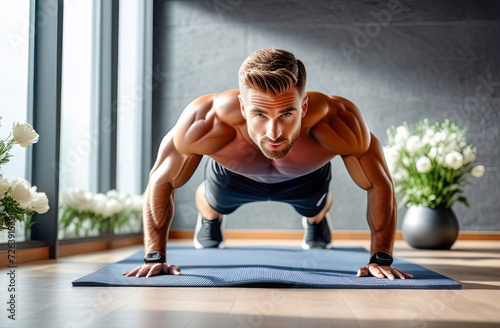 Muscular man doing push up exercise on mat near dumbbells during intense fitness workout in grungy gym