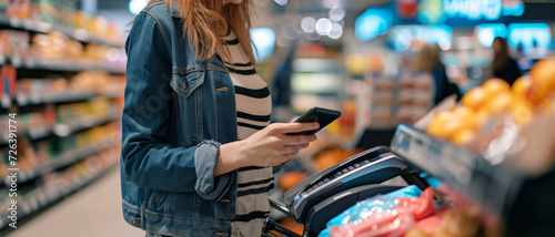A woman using a smartphone while shopping in a grocery store, modern consumerism