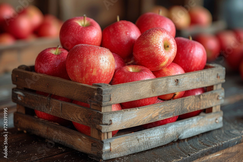 rustic wooden crate filled with crisp, fresh red apples, conveying the essence of farm-fresh produce