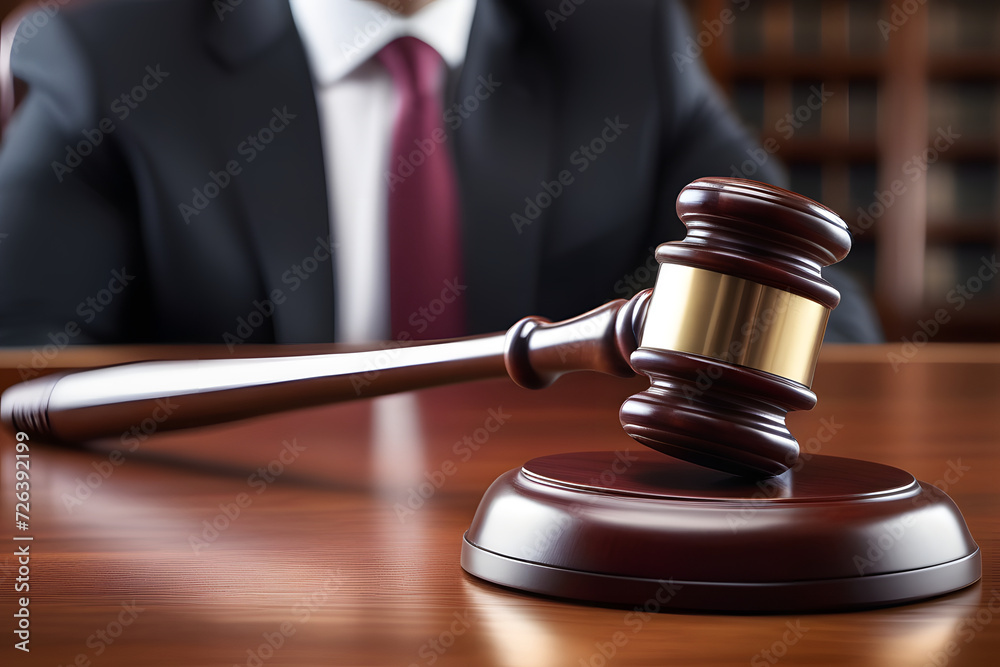 The gavel rests on the judges bench in a courtroom during a trial or court proceeding. The gavel rests on the judges bench in a courtroom during a trial or court proceeding.