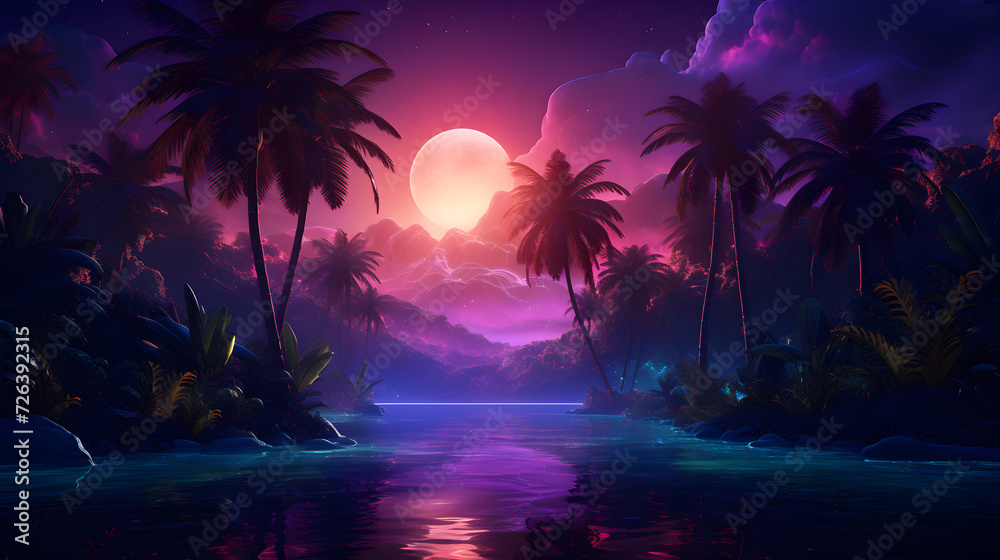 Retro vintage 80s 90s electronic cyberpunk retrowave synthwave,,
Jungle gaming background in neon shades
