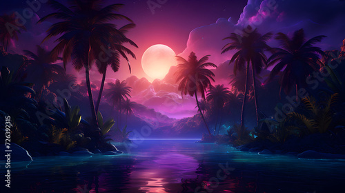 Retro vintage 80s 90s electronic cyberpunk retrowave synthwave,, Jungle gaming background in neon shades 