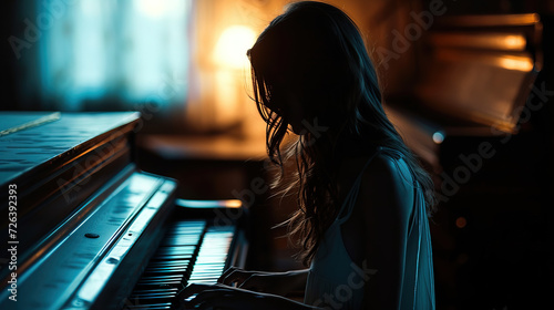 Experience the grace of playing the piano. Each note dances like poetry, weaving a symphony of elegance. Unleash your musical soul and let the piano keys tell a story of timeless beauty. photo