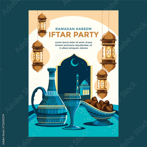 Iftar Party at Ramadhan Kareem Poster Template with food, drink, date fruit, mosque and moon background