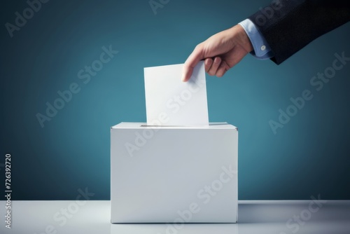 Person voting in election, placing ballot in box on blue background