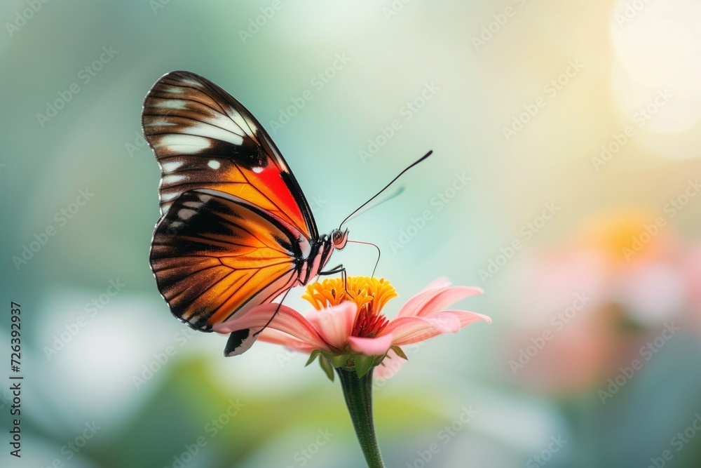A beautiful butterfly on a flower in close-up on an unfocused background