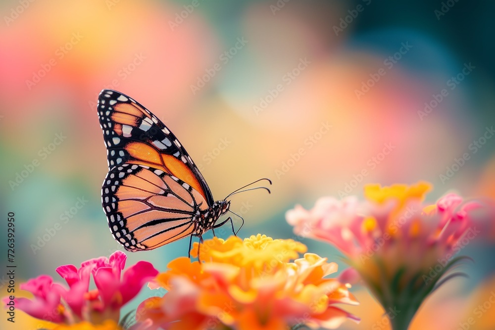 A beautiful butterfly on a flower in close-up on an unfocused background A beautiful butterfly on a flower in close-up on an unfocused background