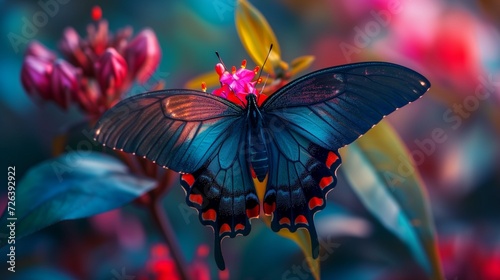 A beautiful butterfly on a flower in close-up on an unfocused background