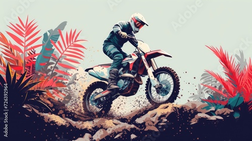 Motocross. Man, professional motorcyclist in full moto equipment riding crops enduro bike on mountain road at sunset. Generative AI. Concept of motosport, speed, hobby, journey, activity. In action © Ruslan Shevchenko