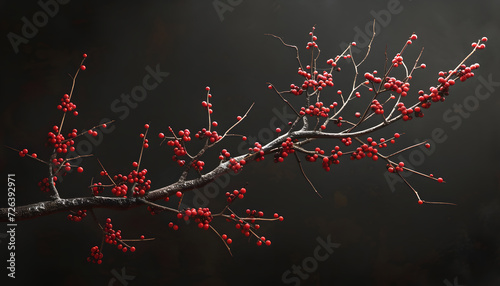 A long branch of blackthorn with thorns and berries, hyper realistic photography, photo