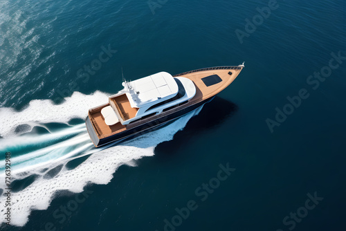 Modern Yacht On Deep Blue Ocean Water With Wavy Foam Trail From Back Of Boat In Motion © D