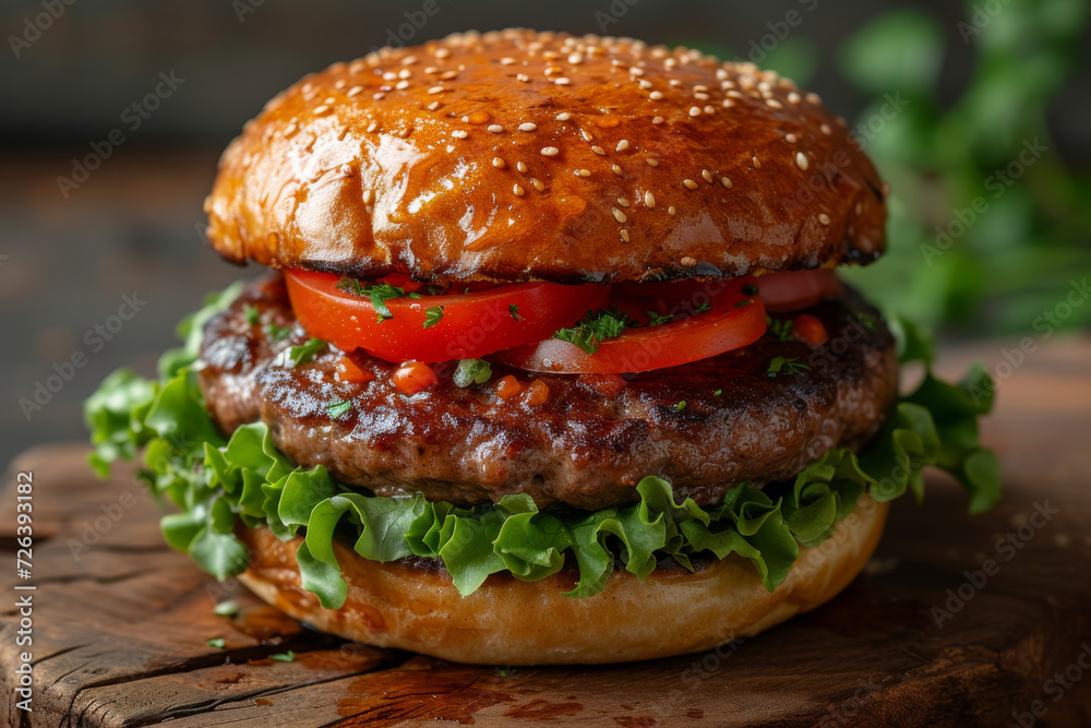 gourmet burger with a sesame bun, lush greens, juicy tomato slice, and a perfectly cooked patty on a wooden board gourmet burger with a sesame bun, lush greens, juicy tomato slice, and a perfectly cooked patty on a wooden board