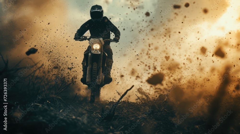 Fototapeta premium Motocross. Man, professional motorcyclist in full moto equipment riding crops enduro bike on mountain road at sunset. Generative AI. Concept of motosport, speed, hobby, journey, activity. In action