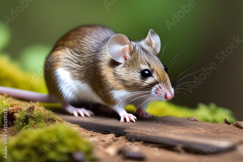 Adorable Small Brown Mouse Sitting on a Log in the Beautiful Woods, Nature and Wildlife Photography