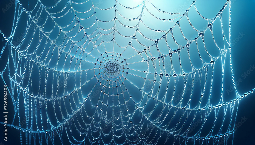 Fototapeta premium Morning Dew on Spiderweb Against Tranquil Blue