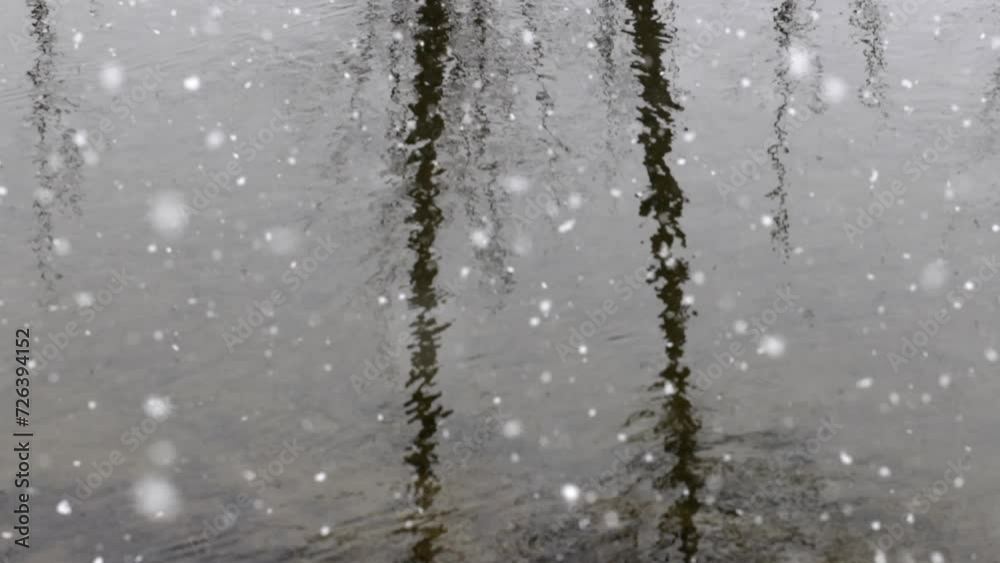 Snowflakes falling in slow motion into the water of a river,snowflakes Snowflakes falling in slow motion into the water of a river,snowflakes