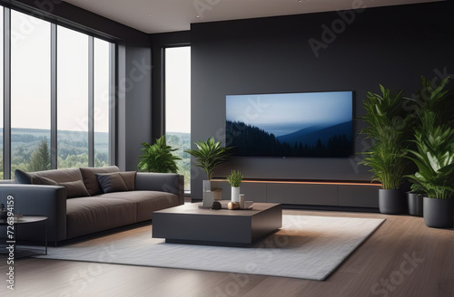Minimalist style interior design of modern living room with white furniture and television mounted on wall at home