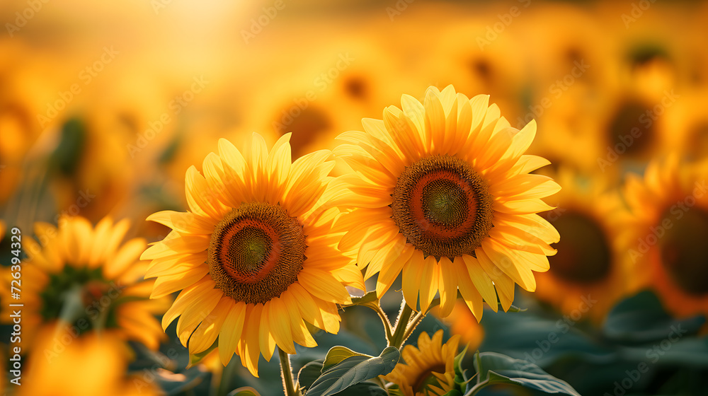 Fototapeta premium A field of sunflowers, with golden petals as the background, during the height of summer