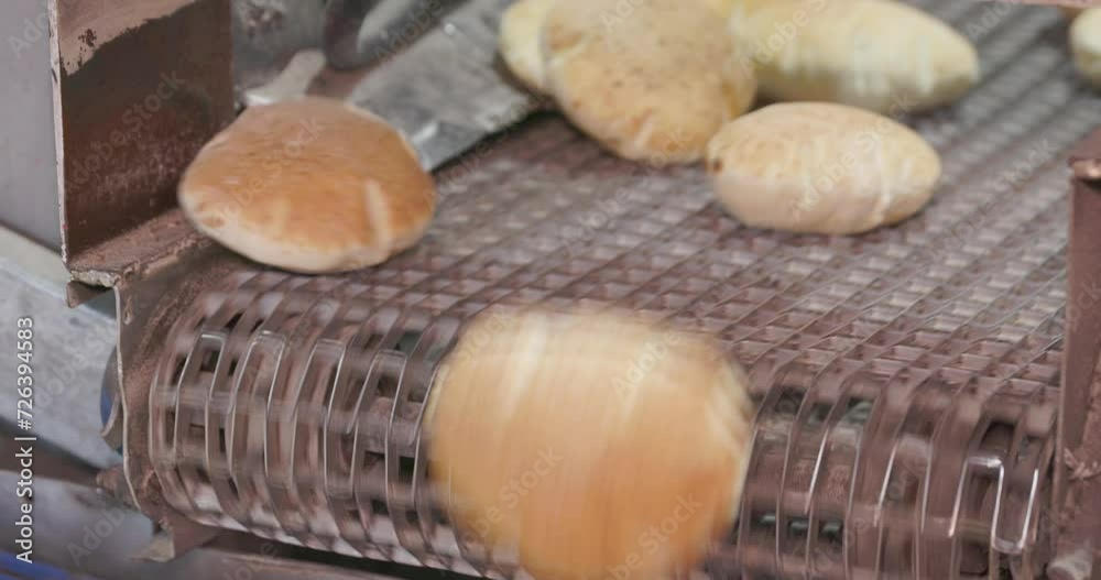 Hot fresh pitas in automatic production line, bakery factory, Before packing Hot fresh pitas in automatic production line, bakery factory, Before packing
