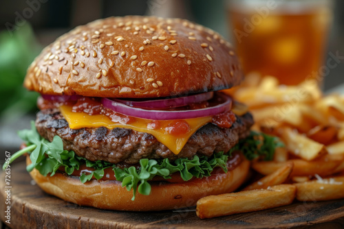 delicious cheeseburger with melted cheese, fresh lettuce, and onion, served with a side of golden fries, perfect for a savory meal