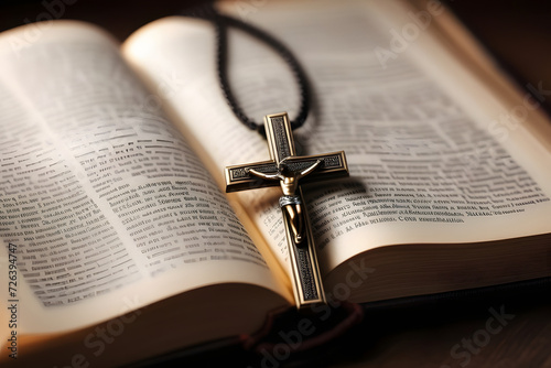 Ornate metal cross necklace laying open on a vintage Bible with black background
