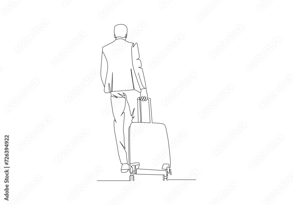 luggage with his hands in continuous one line drawing. Vacation with luggage and travel baggage concept in simple linear style. . Doodle vector illustration
