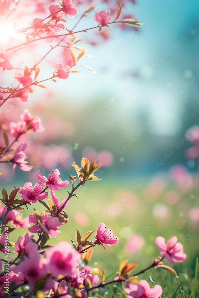 Blooming spring cherry flowers on a blurred vertical background. Sun rays, glare and bokeh. Selective focus. Minimalist concept for your mockup and project. Blooming spring cherry flowers on a blurred vertical background. Sun rays, glare and bokeh. Selective focus. Minimalist concept for your mockup and project.
