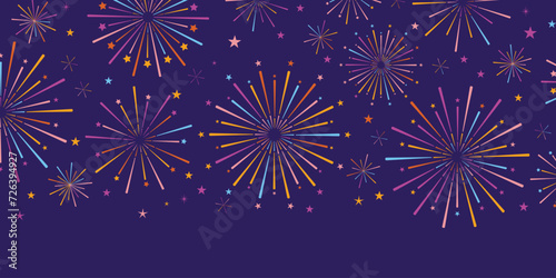 Colorful firework vector banner, festival or carnival celebration backgorund dark blue with vibrant explosions, party wallpaper
