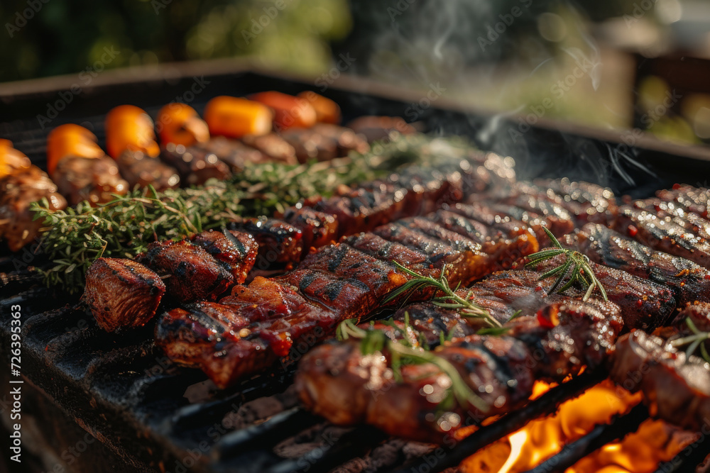 Juicy skewers of meat grilling on a barbecue with vegetables and herbs, perfect for outdoor dining