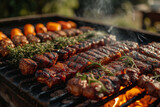Juicy skewers of meat grilling on a barbecue with vegetables and herbs, perfect for outdoor dining